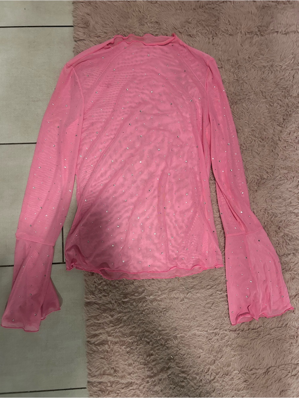 Sheer Pink Rhinestone Long Sleeve Top